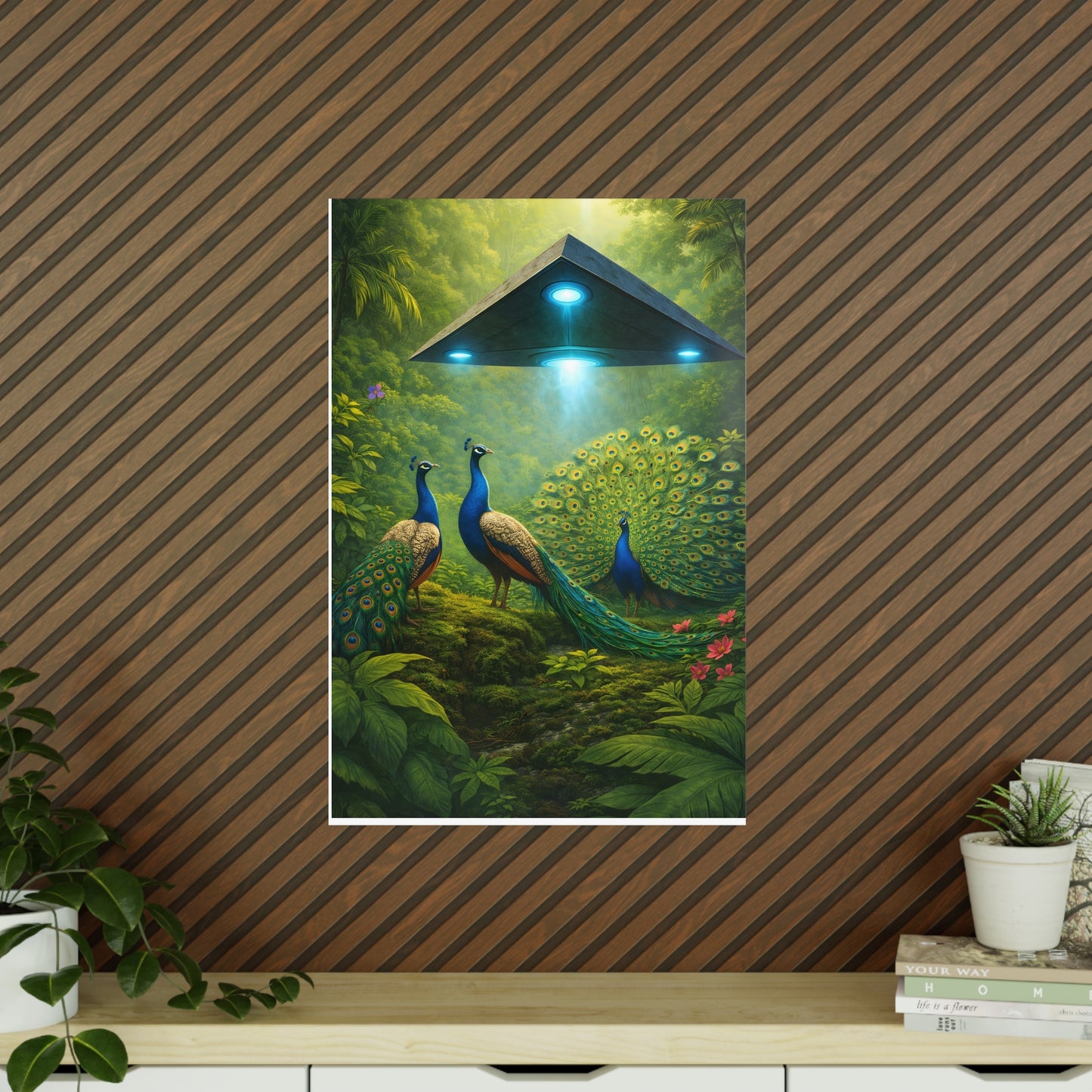 Photopaper Poster — UFO & Peacocks Sci‑Fi Wall Art
