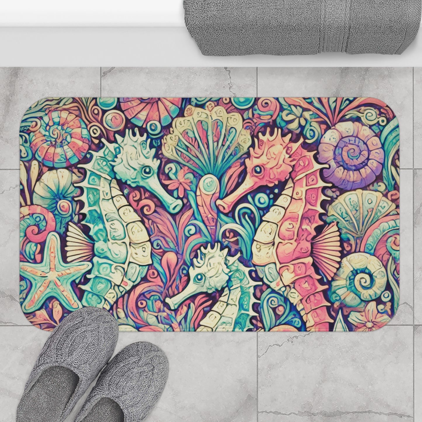 Seahorse Trio/Retro Bath Mat, 2 Sizes - Tropical Vibes for Home Decor