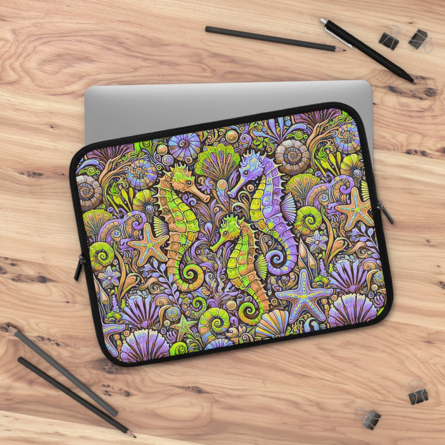 Tropical Laptop Sleeve, 5 Sizes - Perfect for Beach Lovers & Students / Seahorses, Yellow and Purple