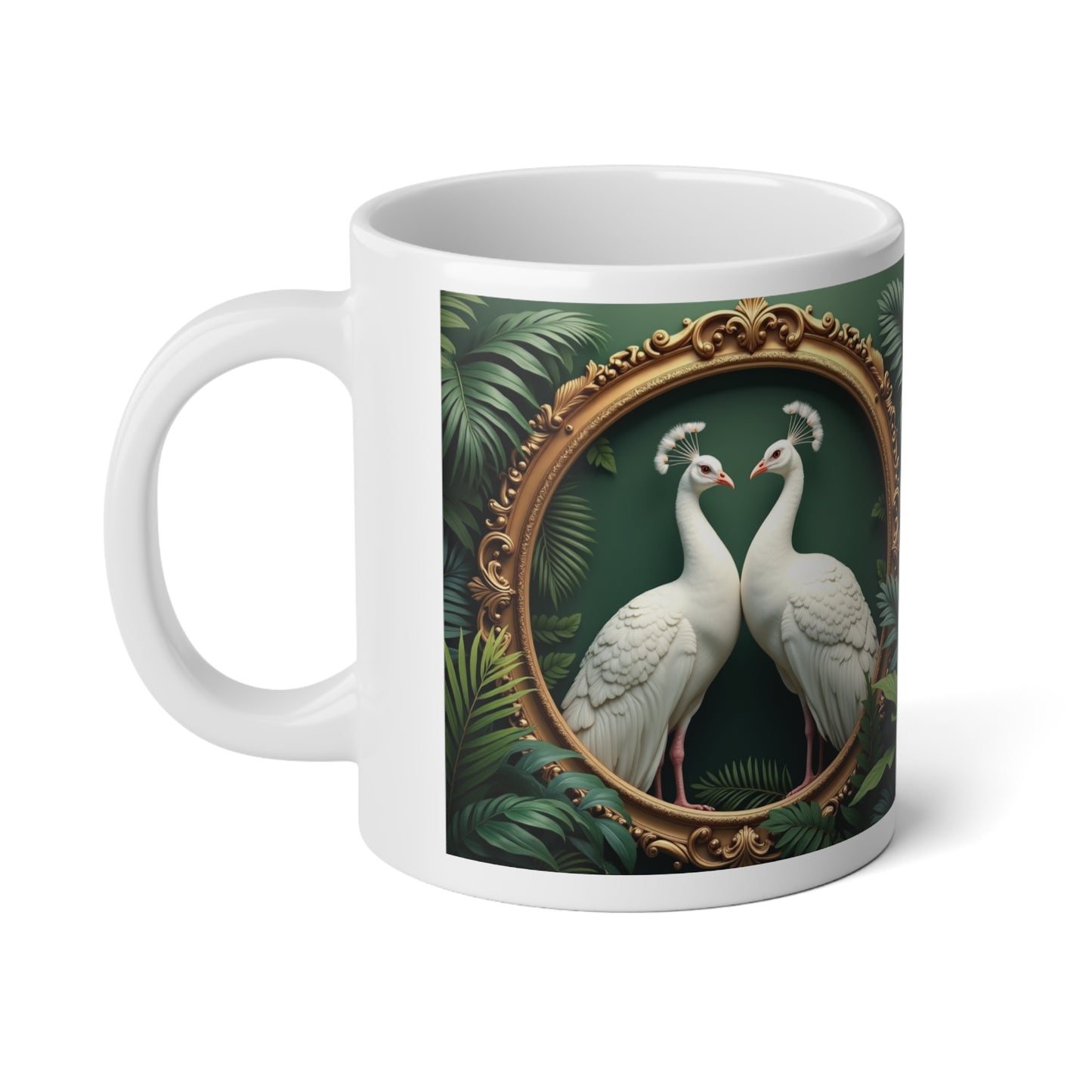 Jumbo Mug, 20oz, Framed White Peacocks | Tropical Coffee Cup