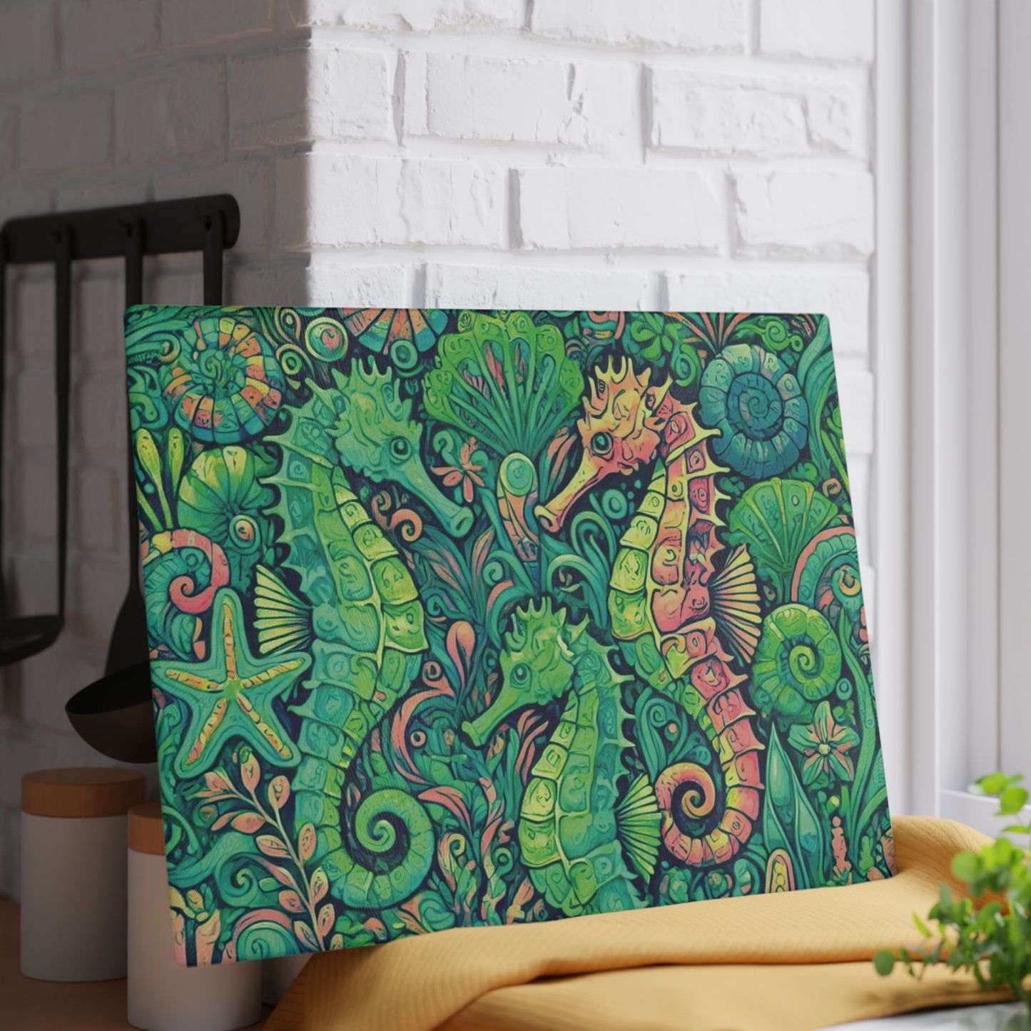 Glass Cutting Board, 2 sizes - Seahorses, Lime