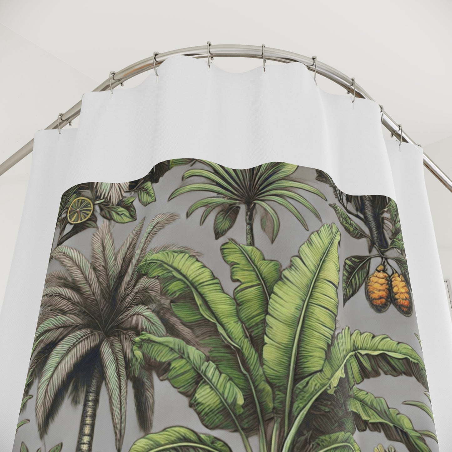 Palm Tree Shower Curtain - Ocean Bathroom Decor / Tropical Fruit/Grey, White