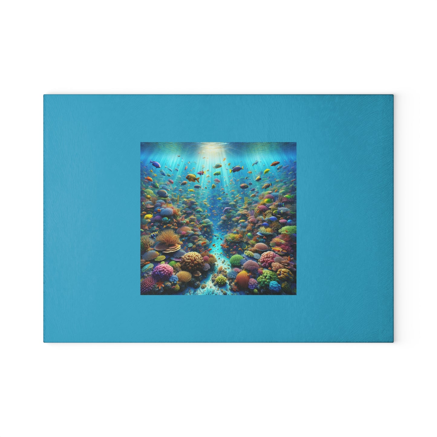 Glass Cutting Board, 2 sizes - Busy Coral Reef/Turquoise