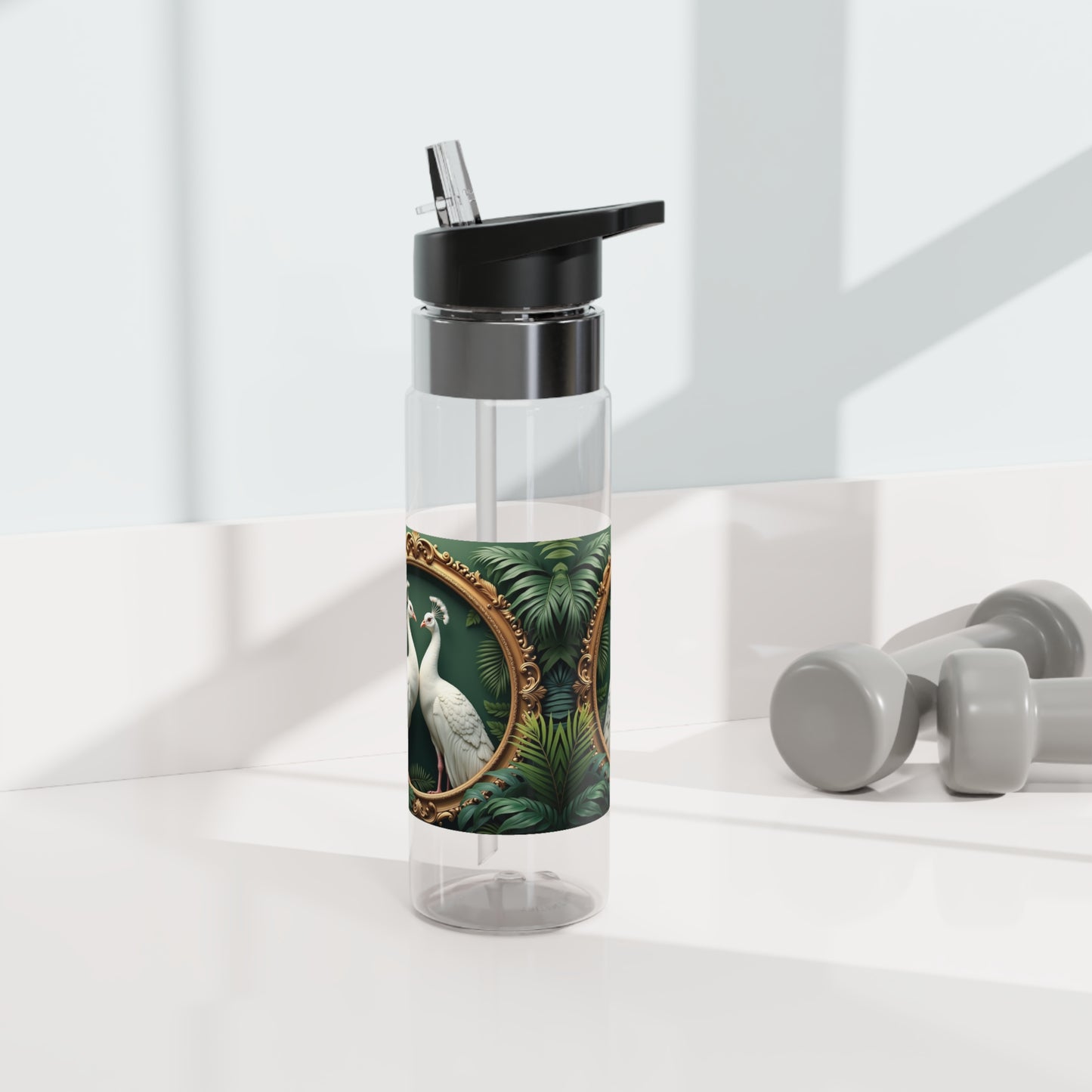 Tropical 20oz Tritan Sport Water Bottle -  Leakproof, Lightweight, BPA-Free / Framed White Peacocks
