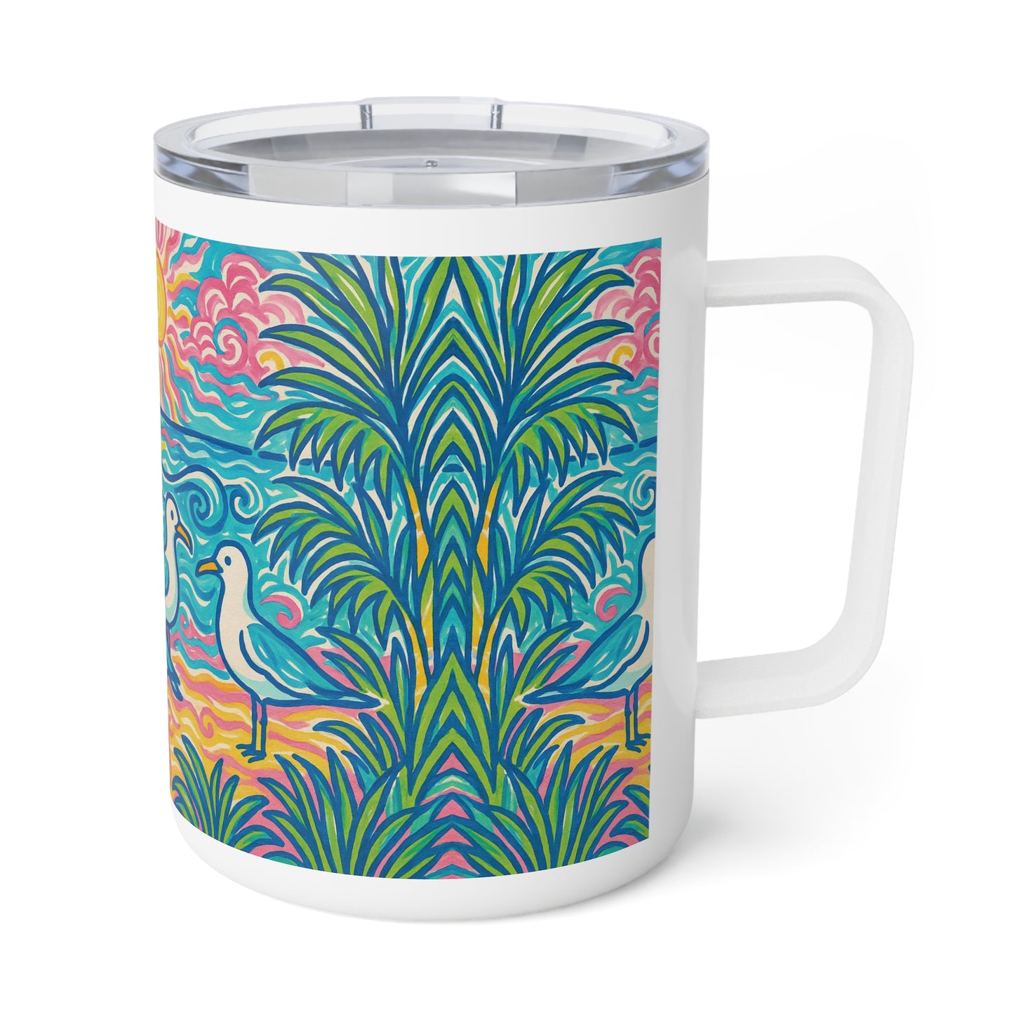Tropical Insulated Coffee Mug, 10oz / Seagulls on the Beach