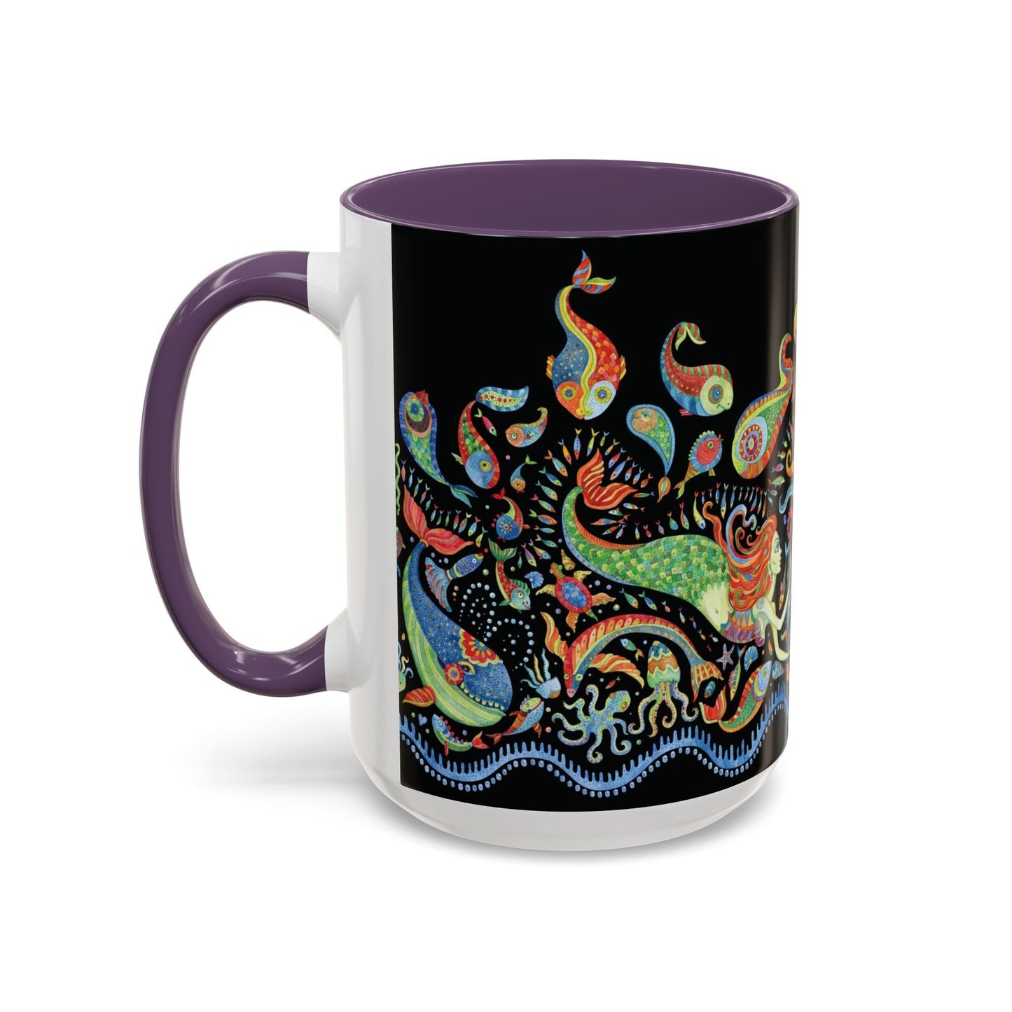 Mermaid Kingdom/Black, Coffee Mug, 8 Colors - Fun Tropical Drinkware for Beach Vibes