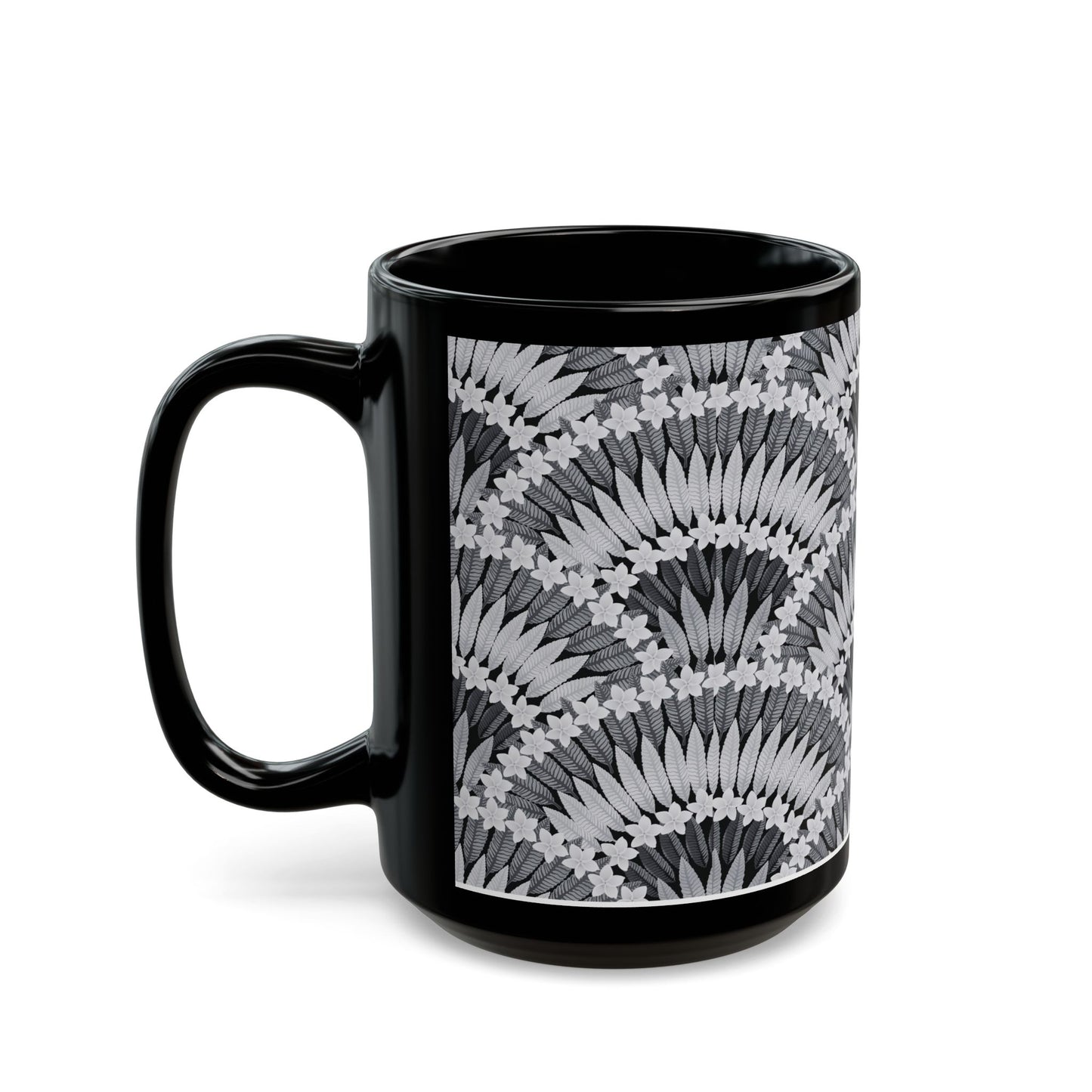 Black Mug (11oz, 15oz), Plumeria and Palms, Black