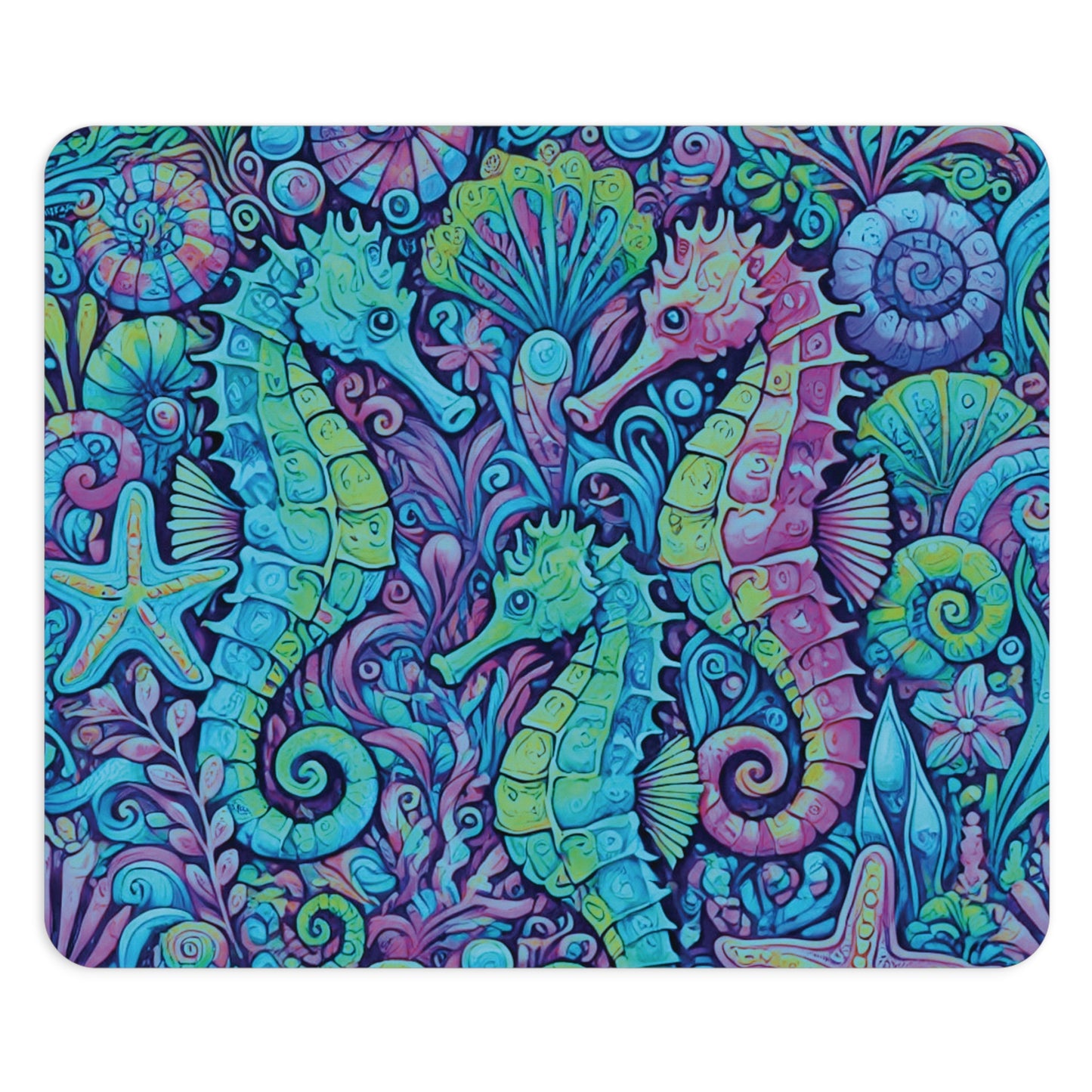 Tropical Mouse Pad, 2 Shapes - Beach Vibes for Home Office & Gamer / Seahorse Trio, Turquoise Pop