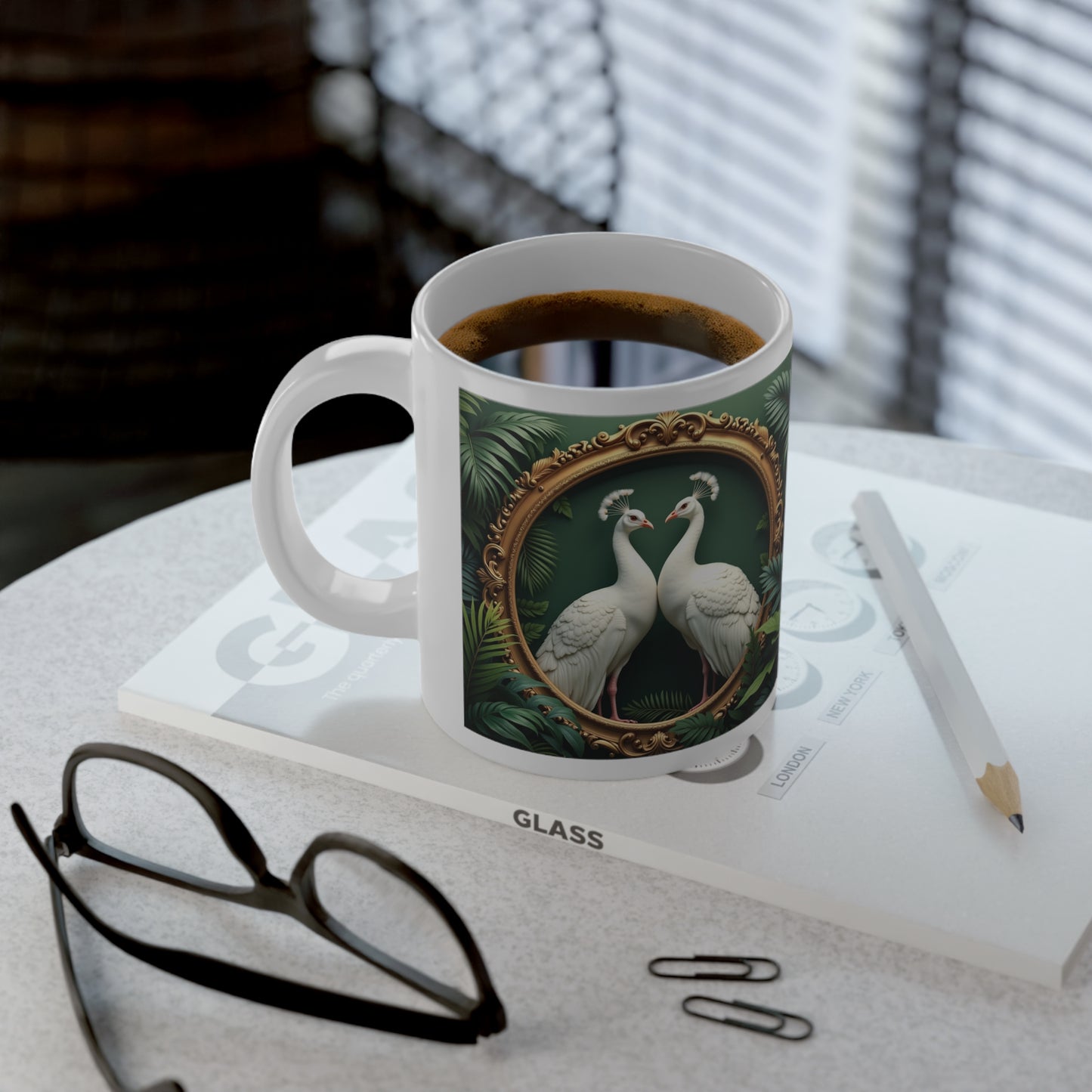 Jumbo Mug, 20oz, Framed White Peacocks | Tropical Coffee Cup