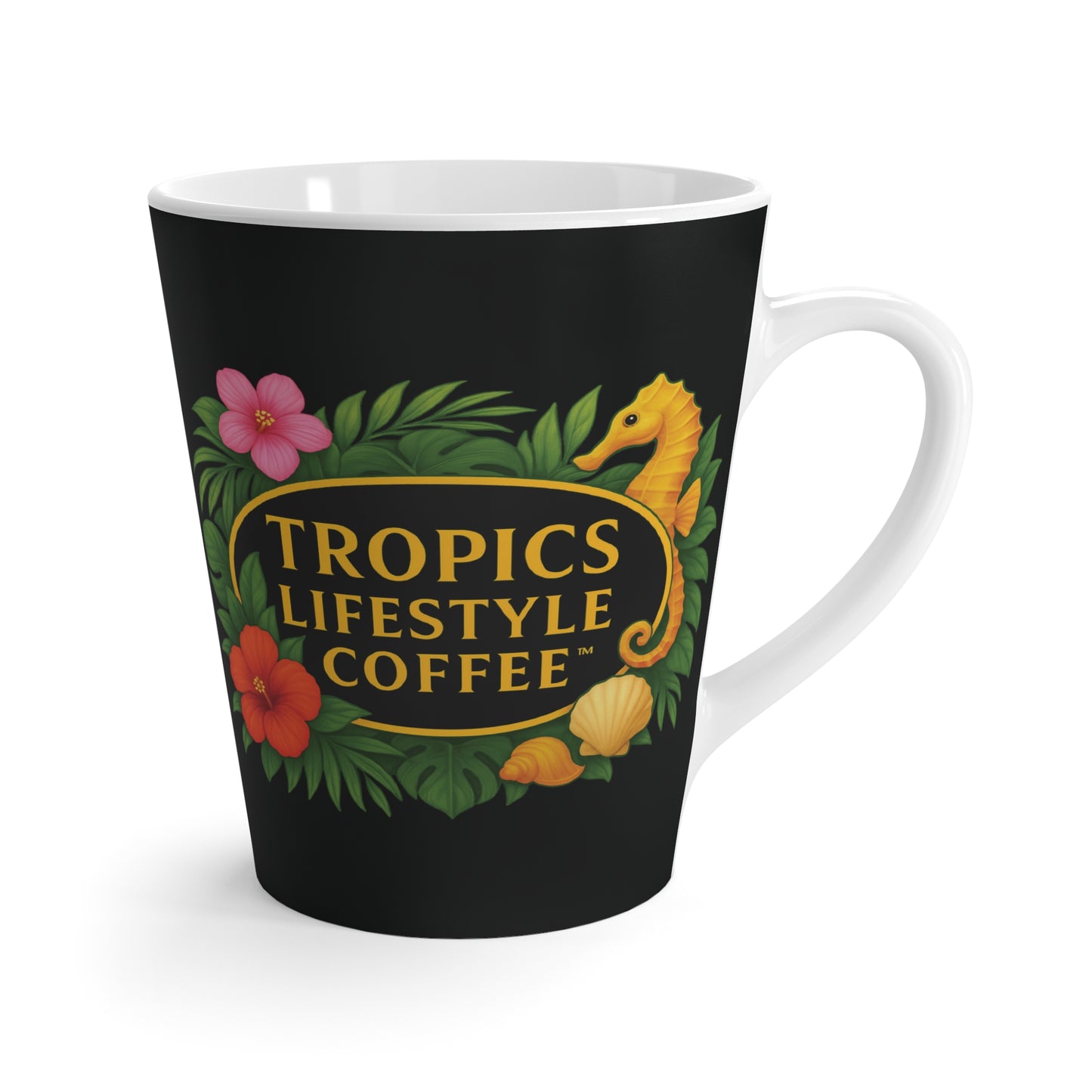 Latte White Mug - Seahorse Fantasy, Black / TLCoffee Logo