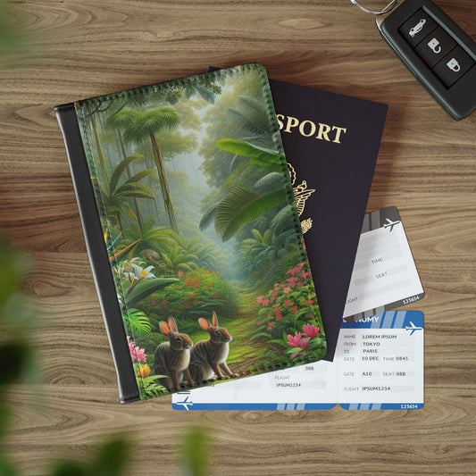 Tropical Passport Cover, Faux Leather - RFID blocking for travel security / Rainforest Hidden Rabbits