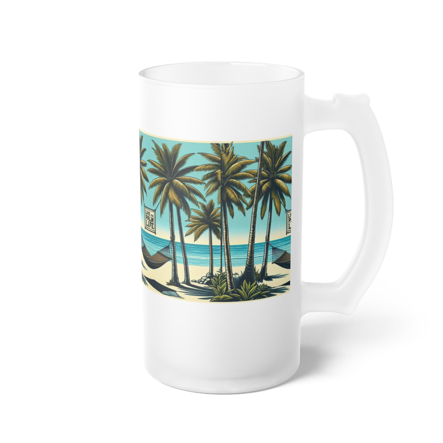 Frosted Glass Beer Mug, Hammock on the Beach