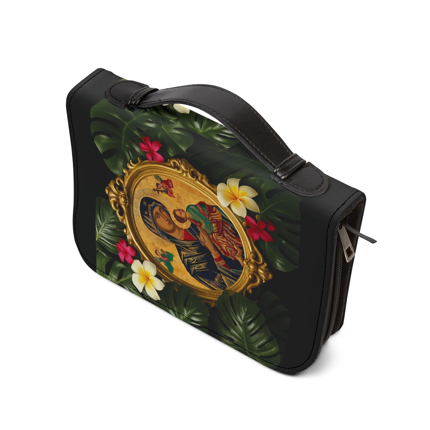 Tropical Bible Cover, Our Lady of Perpetual Help Black / Floral Bible Protector, Church Accessories