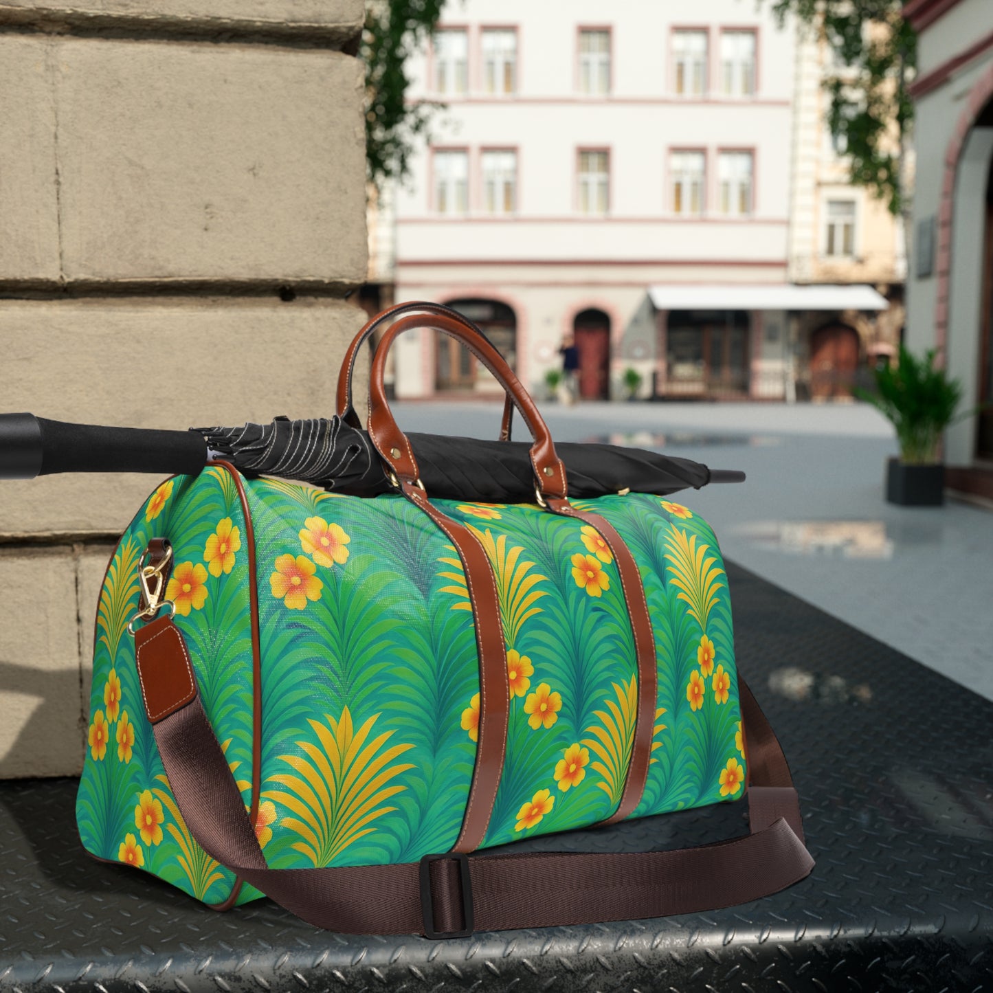 Tropical Waterproof Travel Bag - Perfect for Beach Getaways / Sunrise Palms, Green