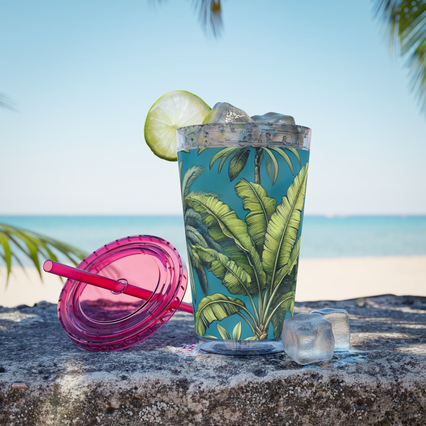 Tropical Tumbler with Straw | 16oz Colorful Travel Cup / Tropical Fruit Blue