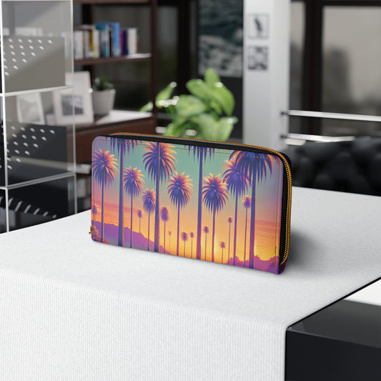 Tropical Zipper Wallet, Faux Leather / Vibrant Clutch / Sunset Palms
