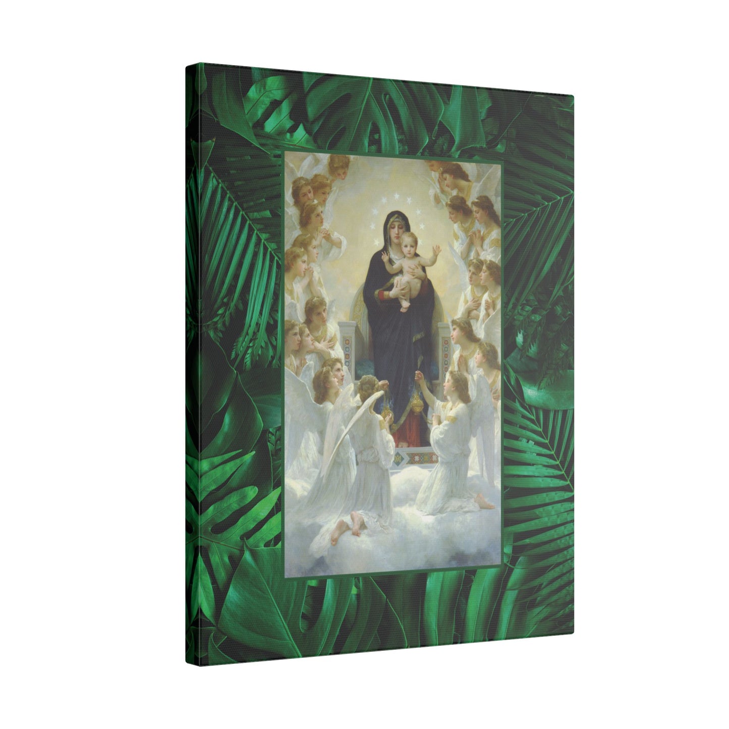 "Tropical Rainforest Our Lady With Angels" Religious Canvas Artwork - Stretched Canvas Print / Virgin Mary & Jesus