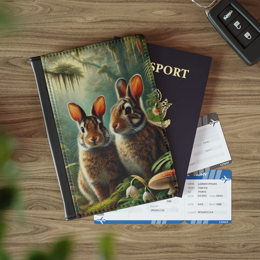 Tropical Passport Cover, Faux Leather - RFID blocking for travel security / Rainforest Sumatran Rabbits