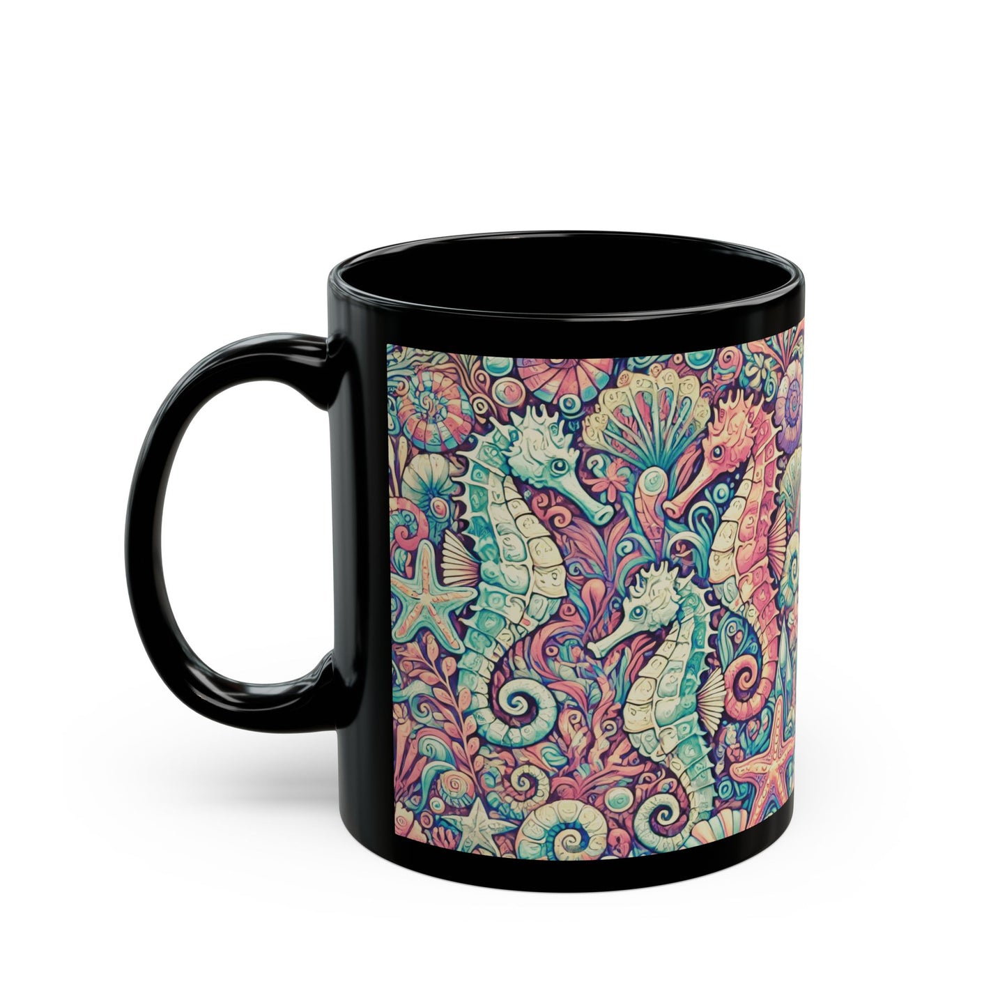 Black Coffee Mug - Seahorse Trio, Retro