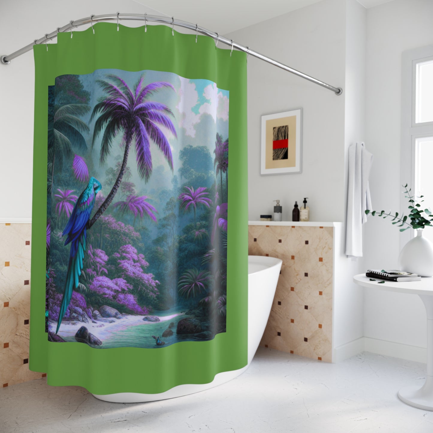 Tropical Shower Curtain - Rainforest Bathroom Decor / Sleeping Beauty Parrot Fantasy, Green