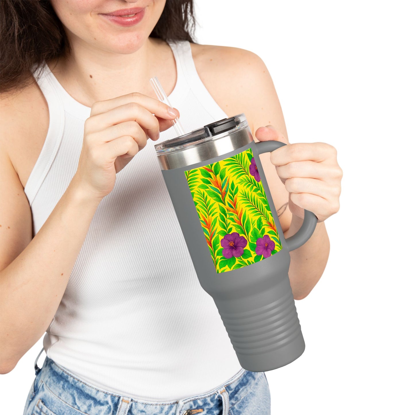 Midnight Flower Yellow Insulated Travel Mug - 40oz - Perfect for Outdoor Adventures