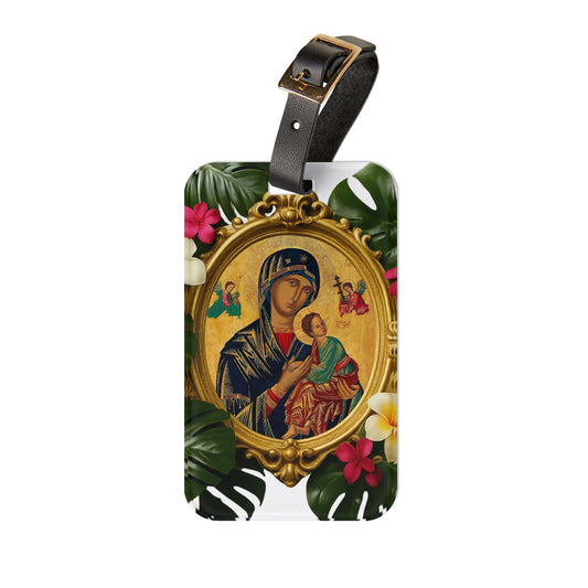 Religious Luggage Tag - Framed Our Lady of Guadalupe, Monstera