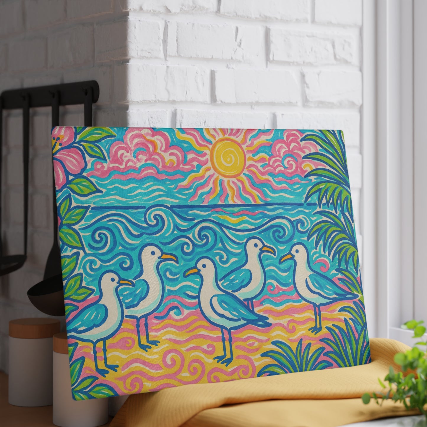 Glass Cutting Board, 2 sizes - Tropical Beach Seagulls