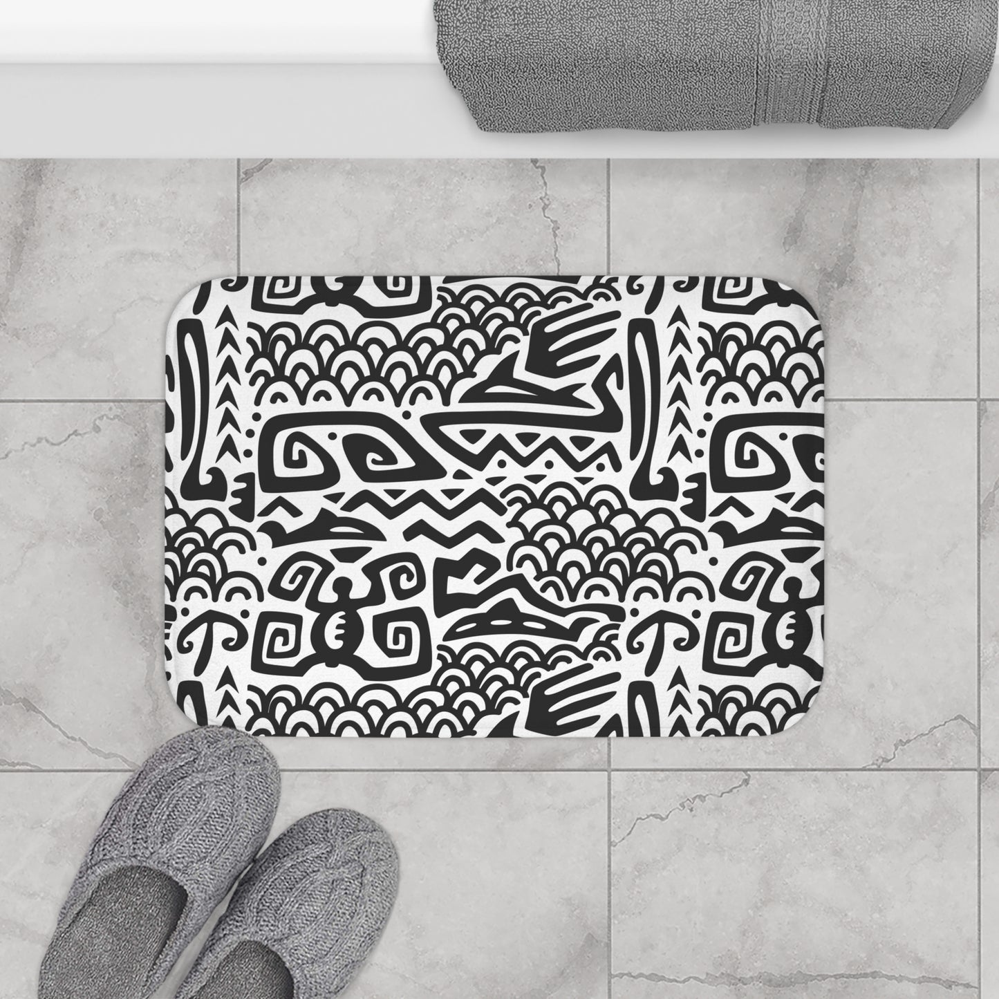 Chic Bath Mat - Black and White Tropical Design for Modern Bathrooms / Tiki Aztec Black