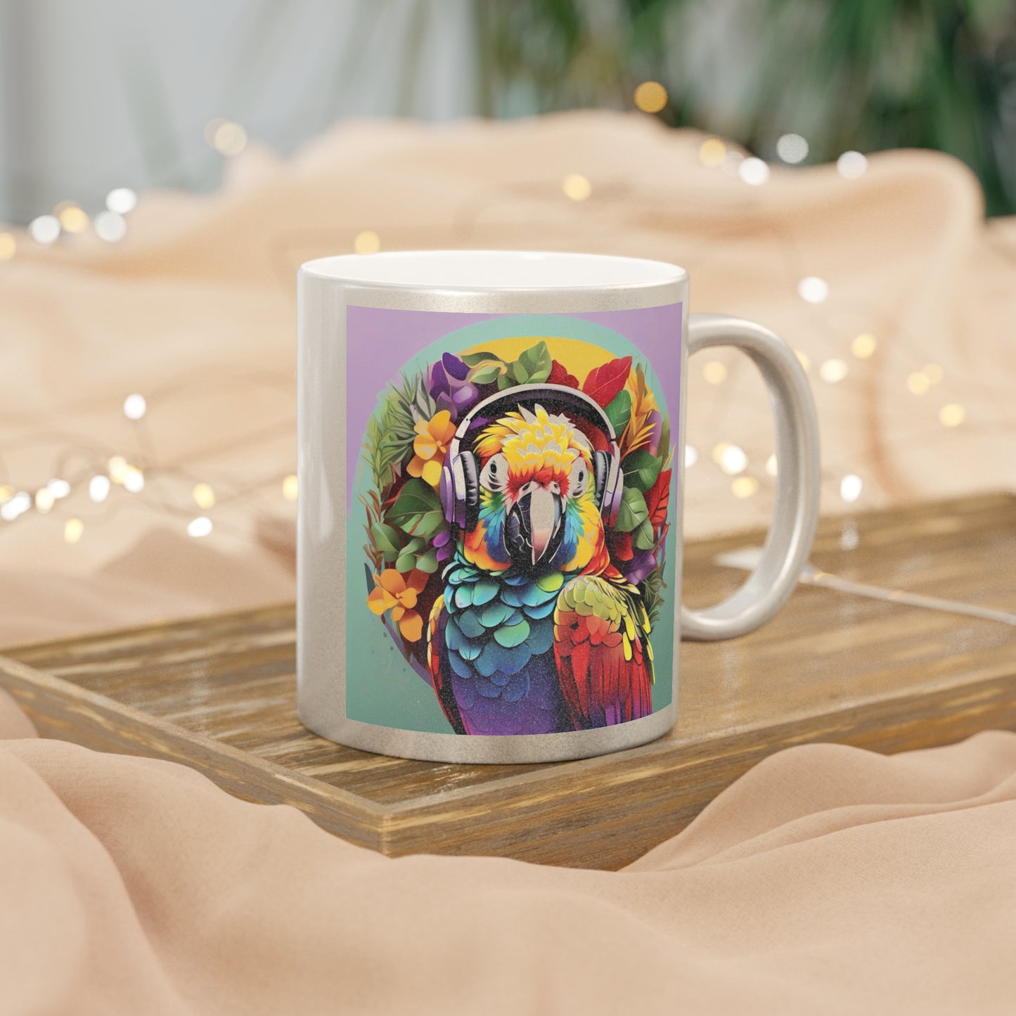 Tropical Metallic Mug, Gold or Silver: Rockin' Out Parrot