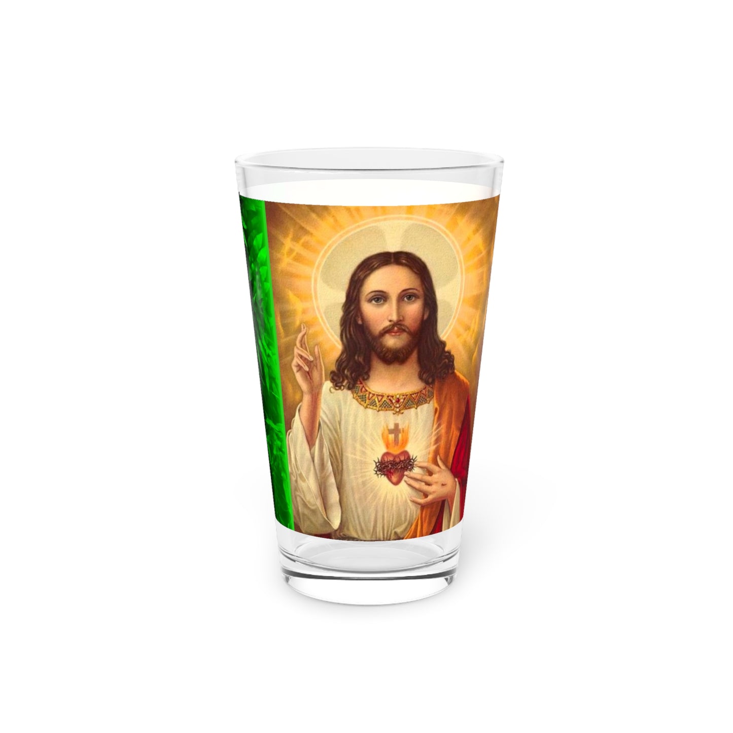 Religious Pint Glass, 16oz, Tropical Glow Jesus and Mary