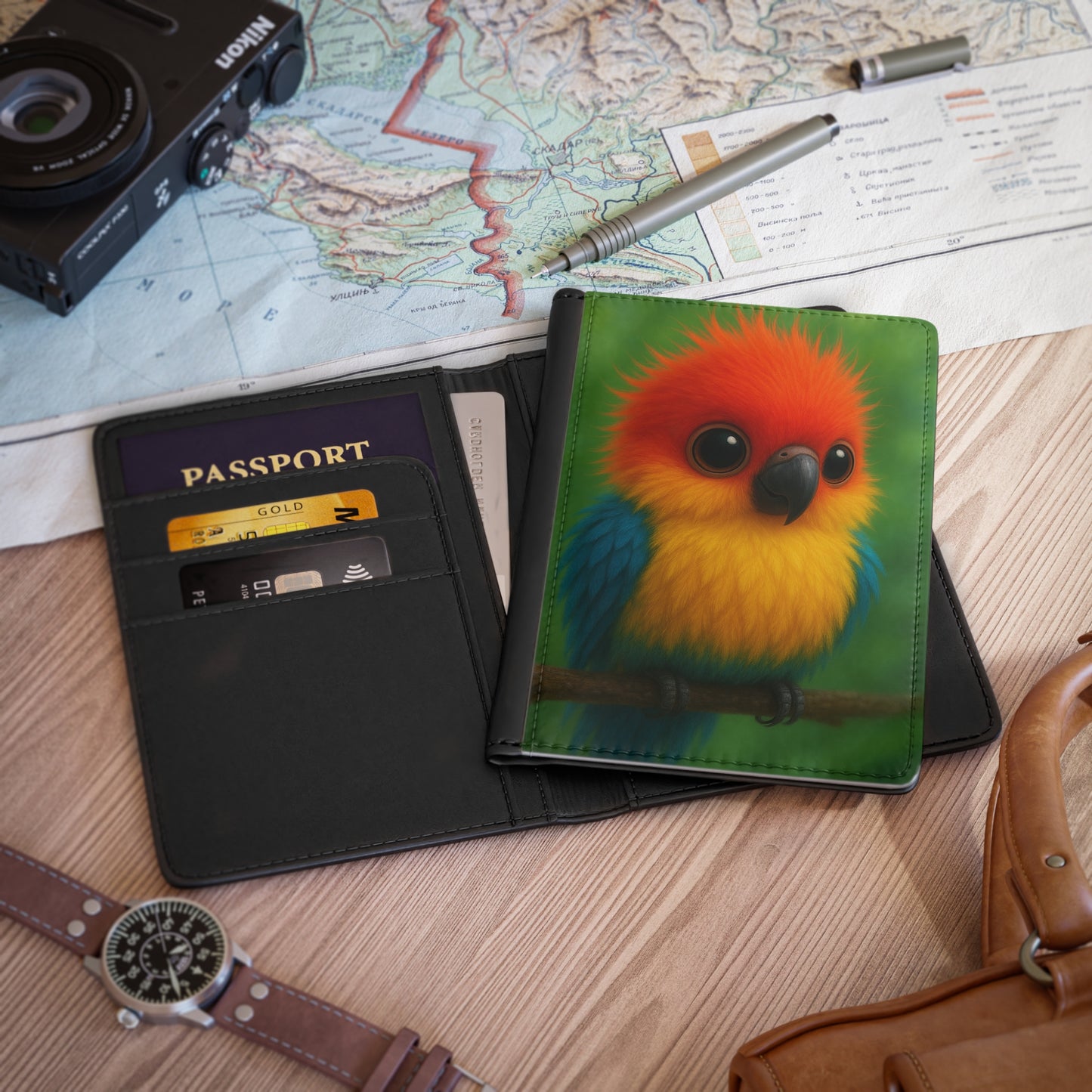Tropical Passport Cover, Faux Leather - RFID blocking for travel security / Rainforest Baby Parrot