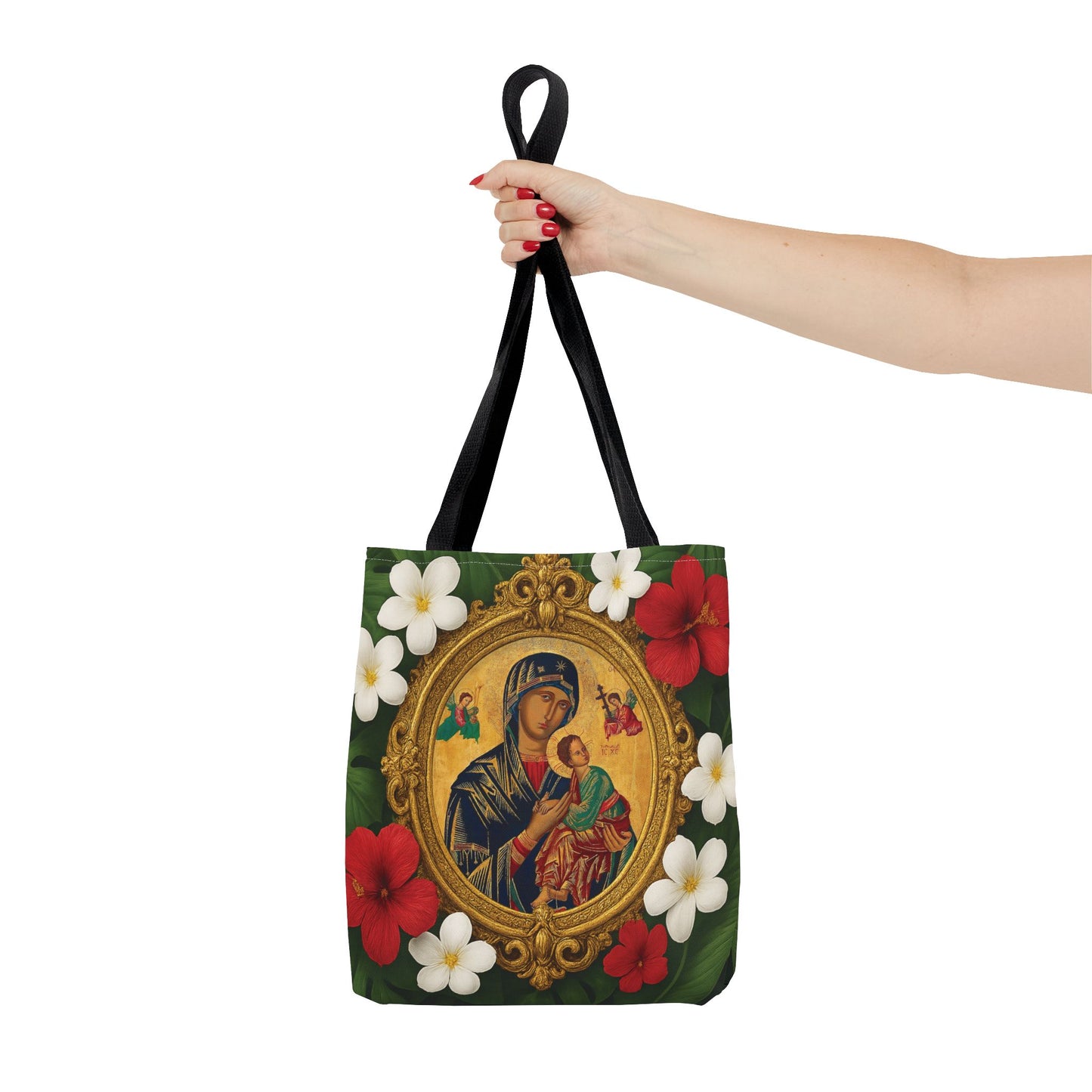 Religious Art Polyester Tote Bag, 3 Sizes / Our Lady of Perpetual Help, Red Flowers