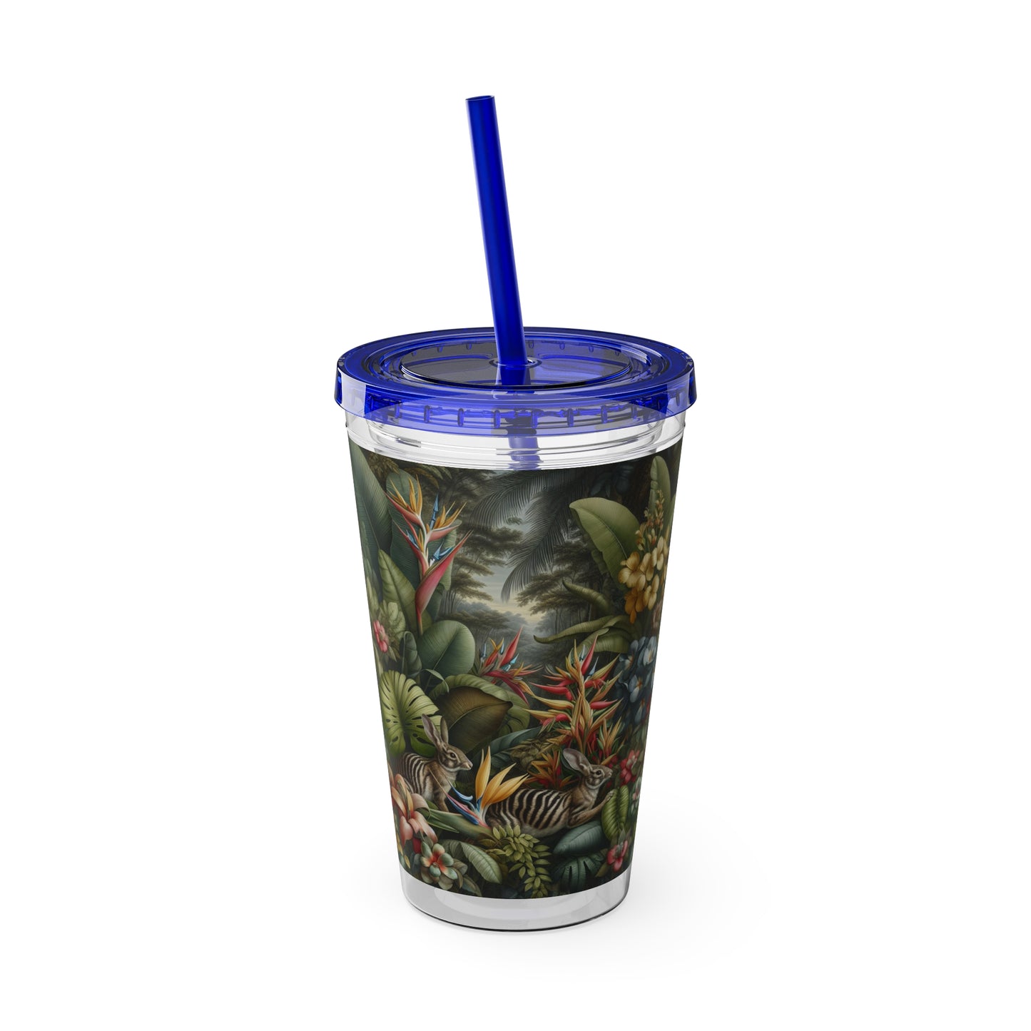 Tropical Tumbler with Straw | 16oz Colorful Travel Cup / Rainforest Rabbit Outing