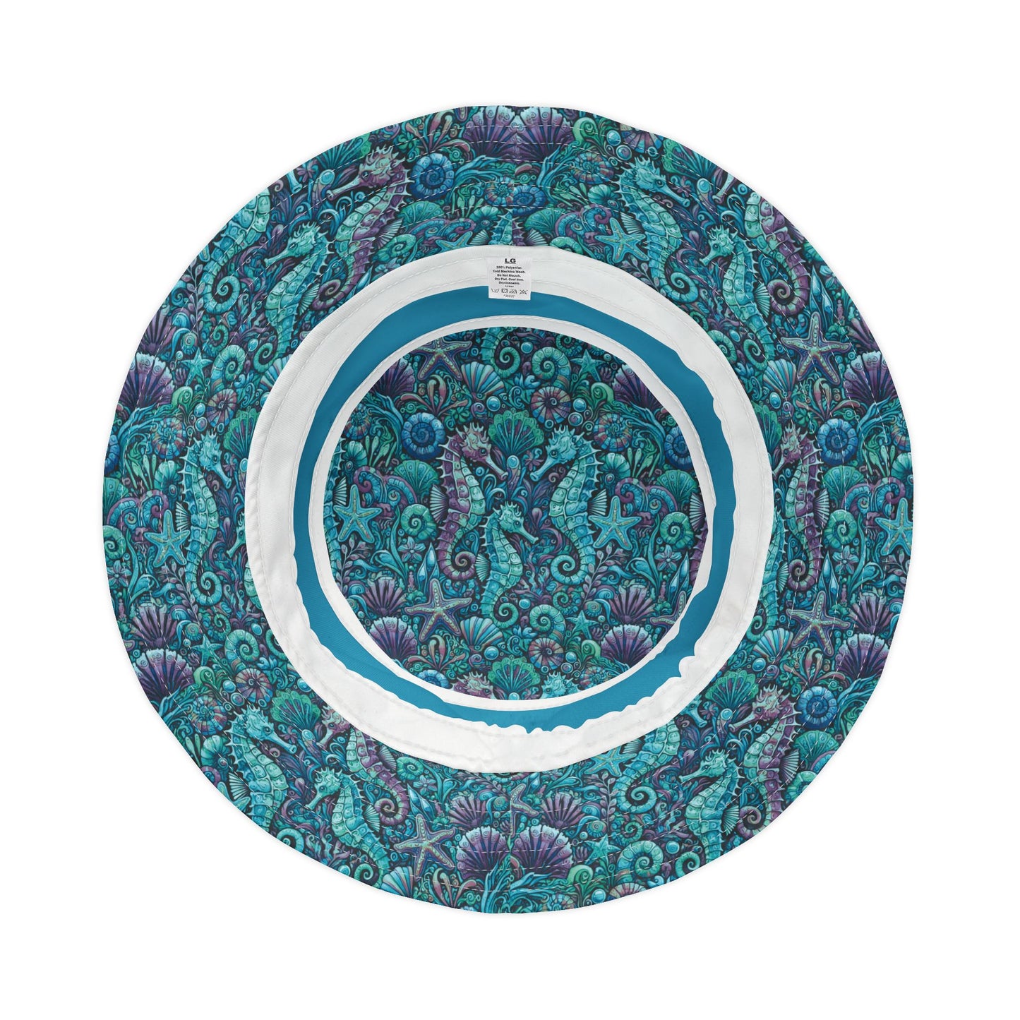 Tropical Polyester Bucket Hat, 2 Sizes - Seahorses Turquoise