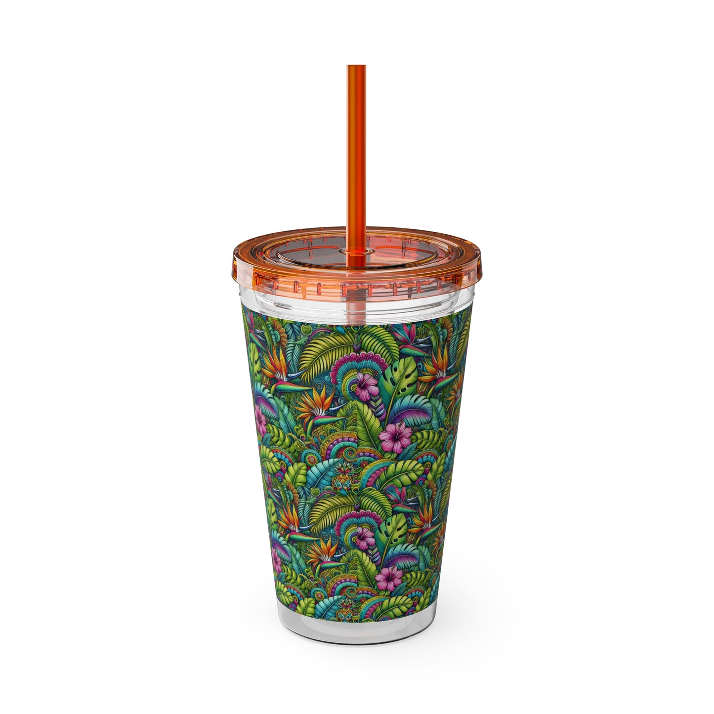 Tropical Tumbler with Straw | 16oz Colorful Travel Cup / Rainforest Blooms