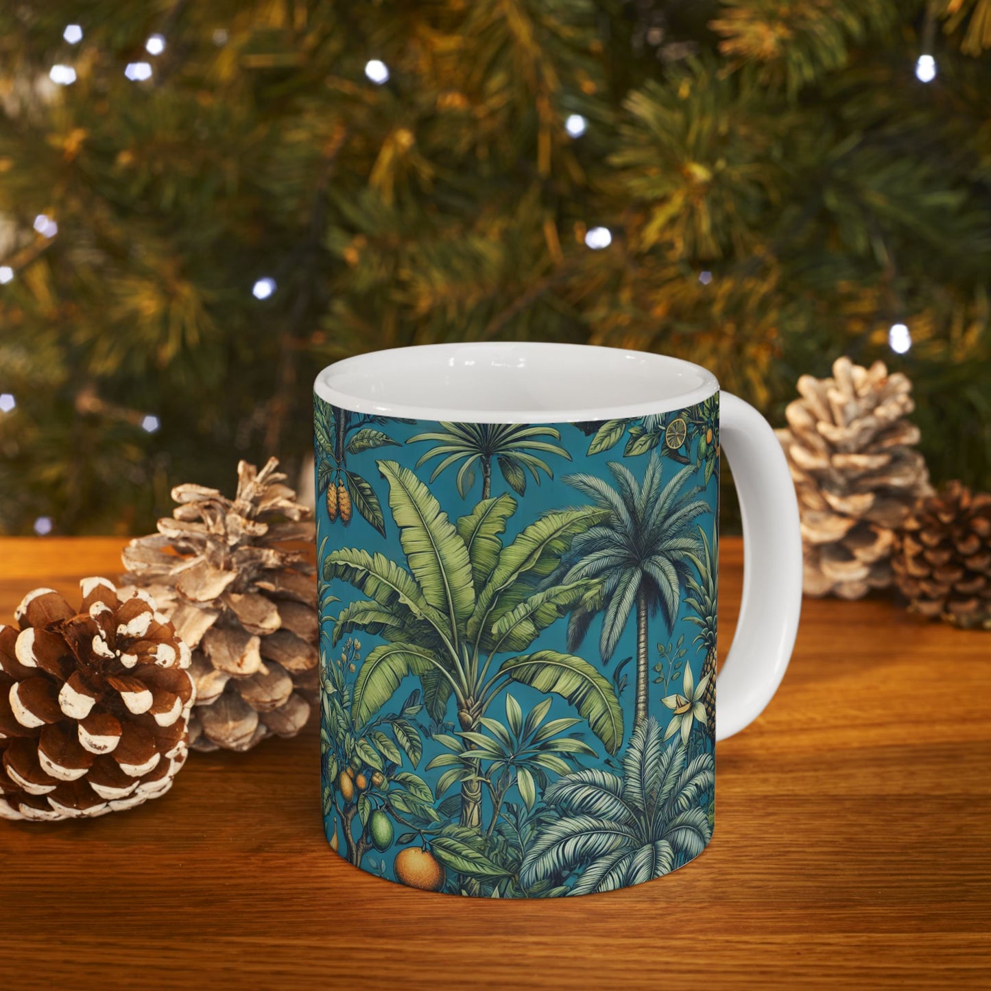 Ceramic White Mug - 11oz & 15oz, Tropical Fruit Blue