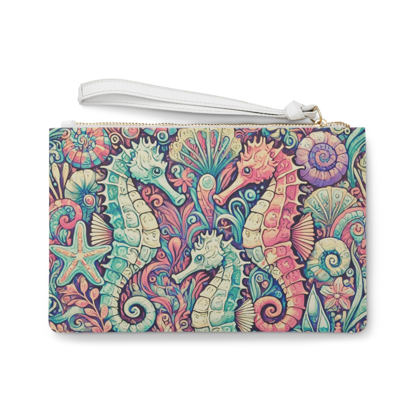 Tropical Faux Leather Clutch Bag - Perfect for Beach Adventures & Summer Vacations / Seahorse Trio, Retro