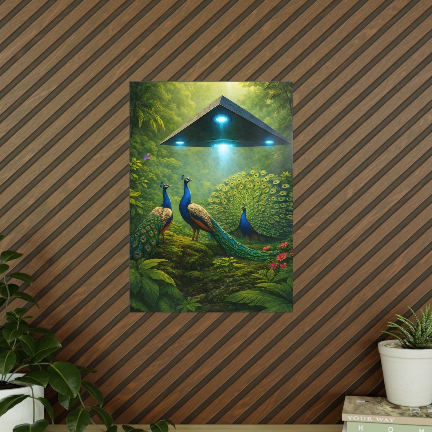 Photopaper Poster — UFO & Peacocks Sci‑Fi Wall Art