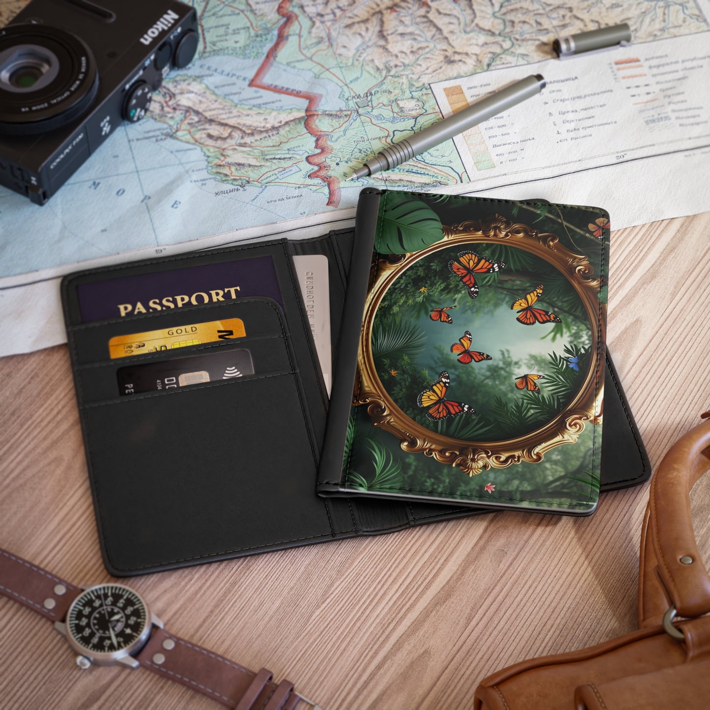 Tropical Passport Cover, Faux Leather - RFID blocking for travel security / Framed Monarch Gathering