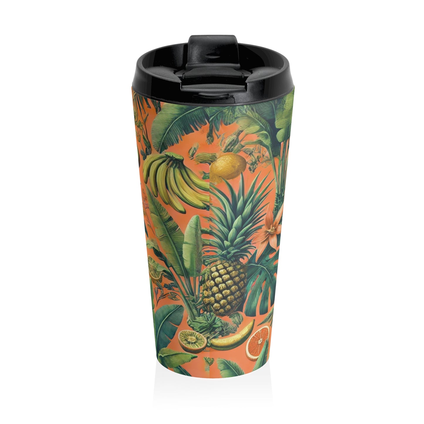 15 oz. Stainless Steel Travel Mug / Palms & Tropical Fruit, Orange