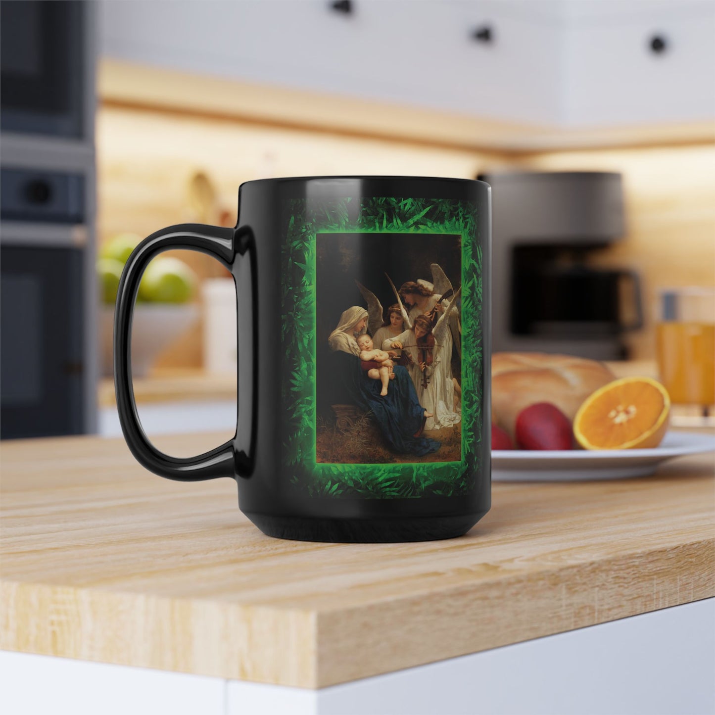 Black Coffee Mug, Religious - Tropical Glow, Song of the Angels