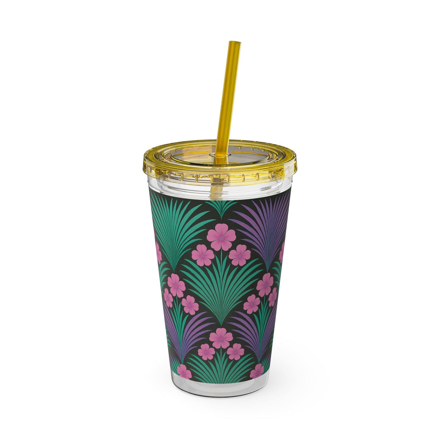 Tropical Tumbler with Straw | 16oz Colorful Travel Cup / Midnight Hibiscus Deco, Pink