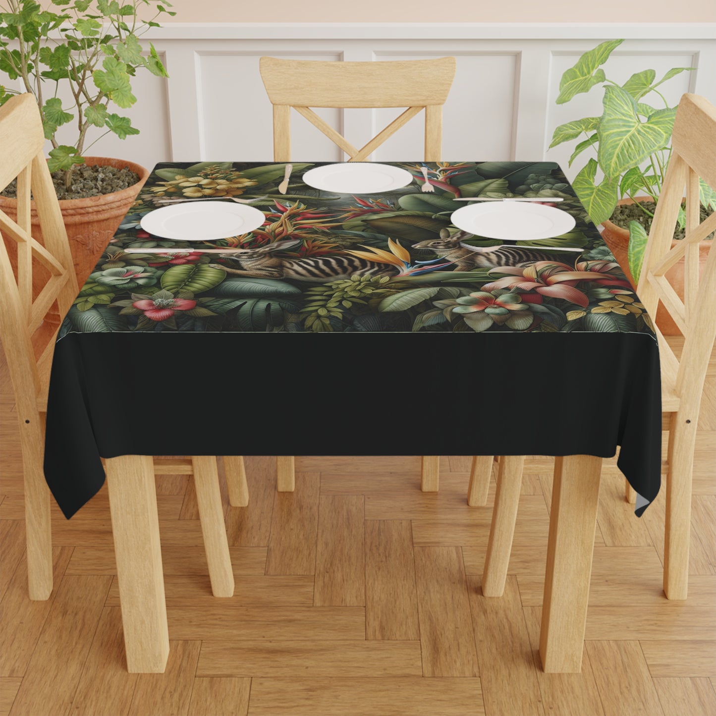 Rainforest Rabbit Outing/Black Tablecloth, 55" x 55"