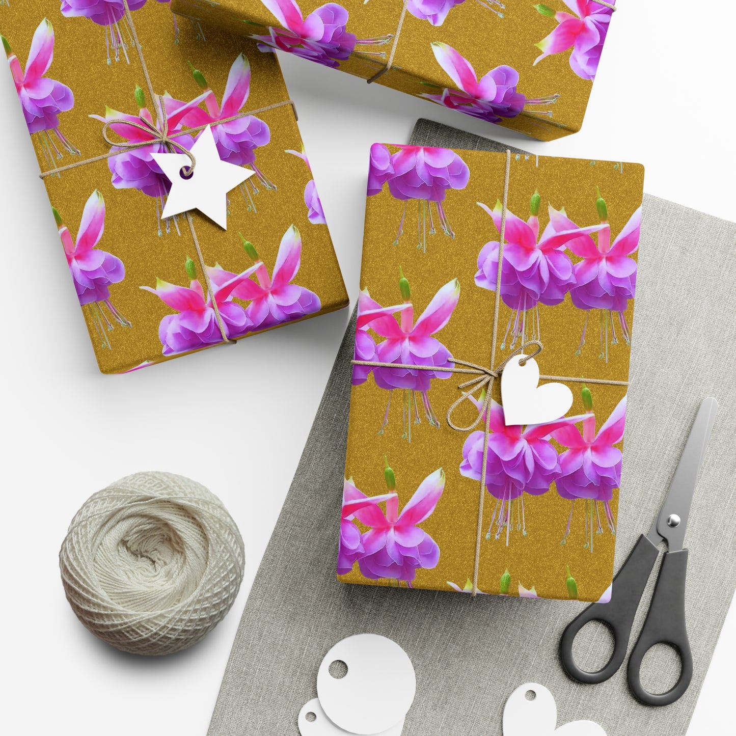 Gift Wrap Papers, Two Pink Fuchsias / Gold