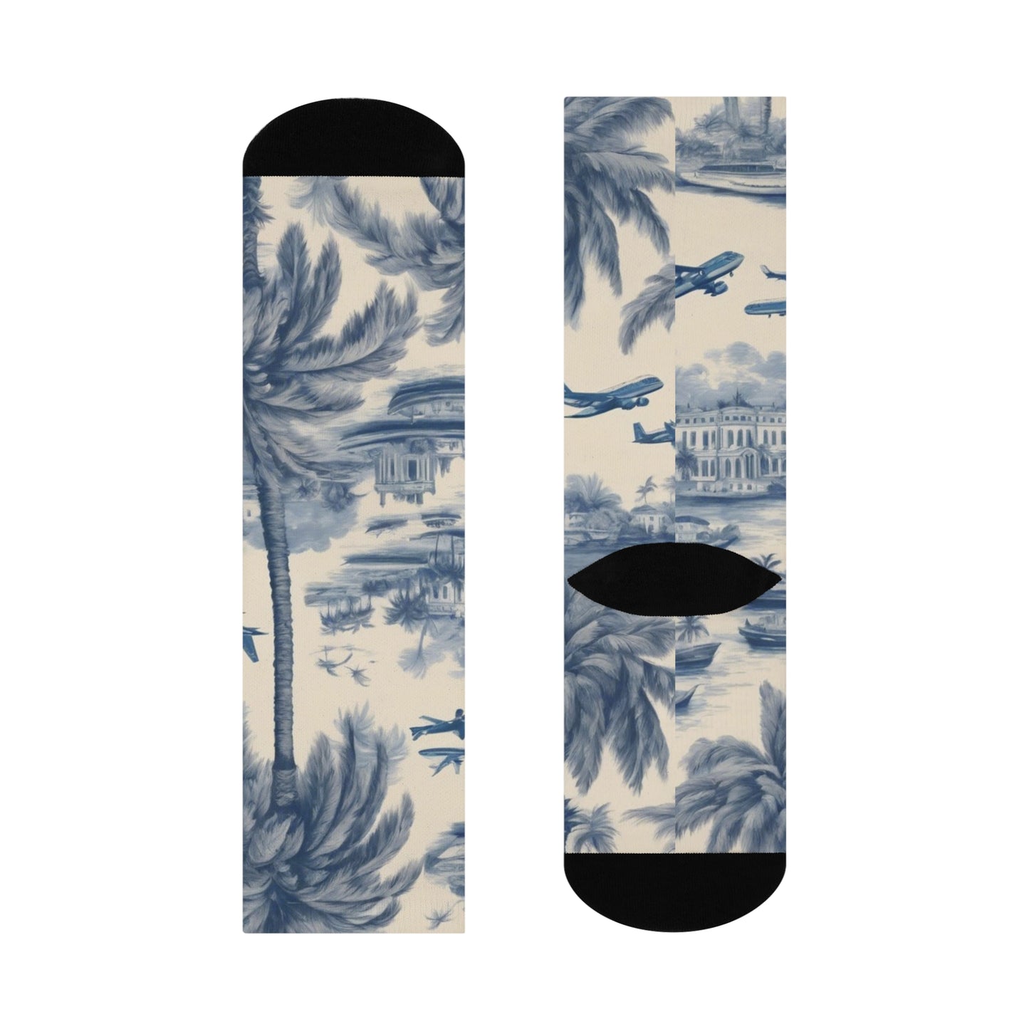 Cushioned Crew Socks - Tropical Toile, Dark Blue