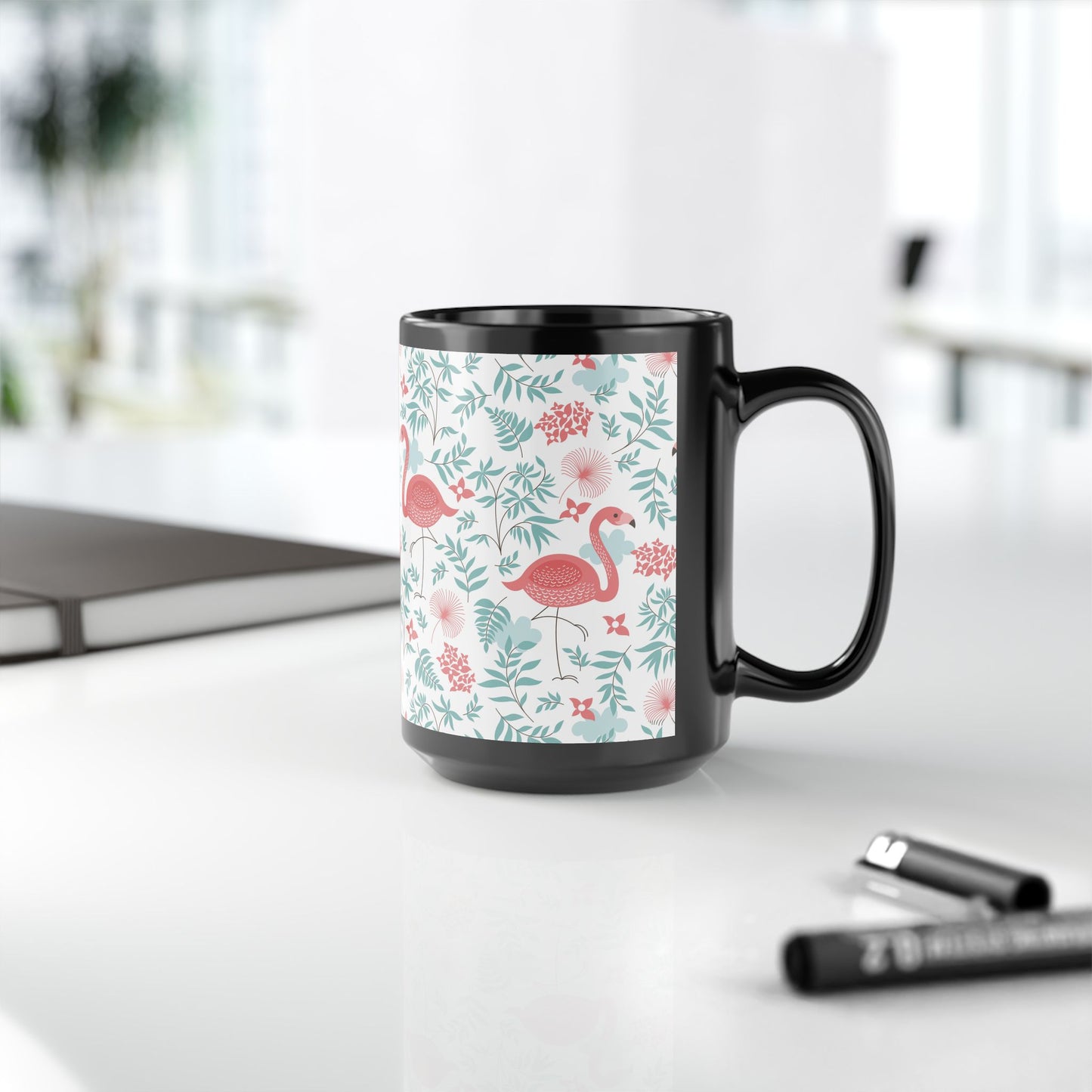 Black Coffee Mug - Happy Flamingos