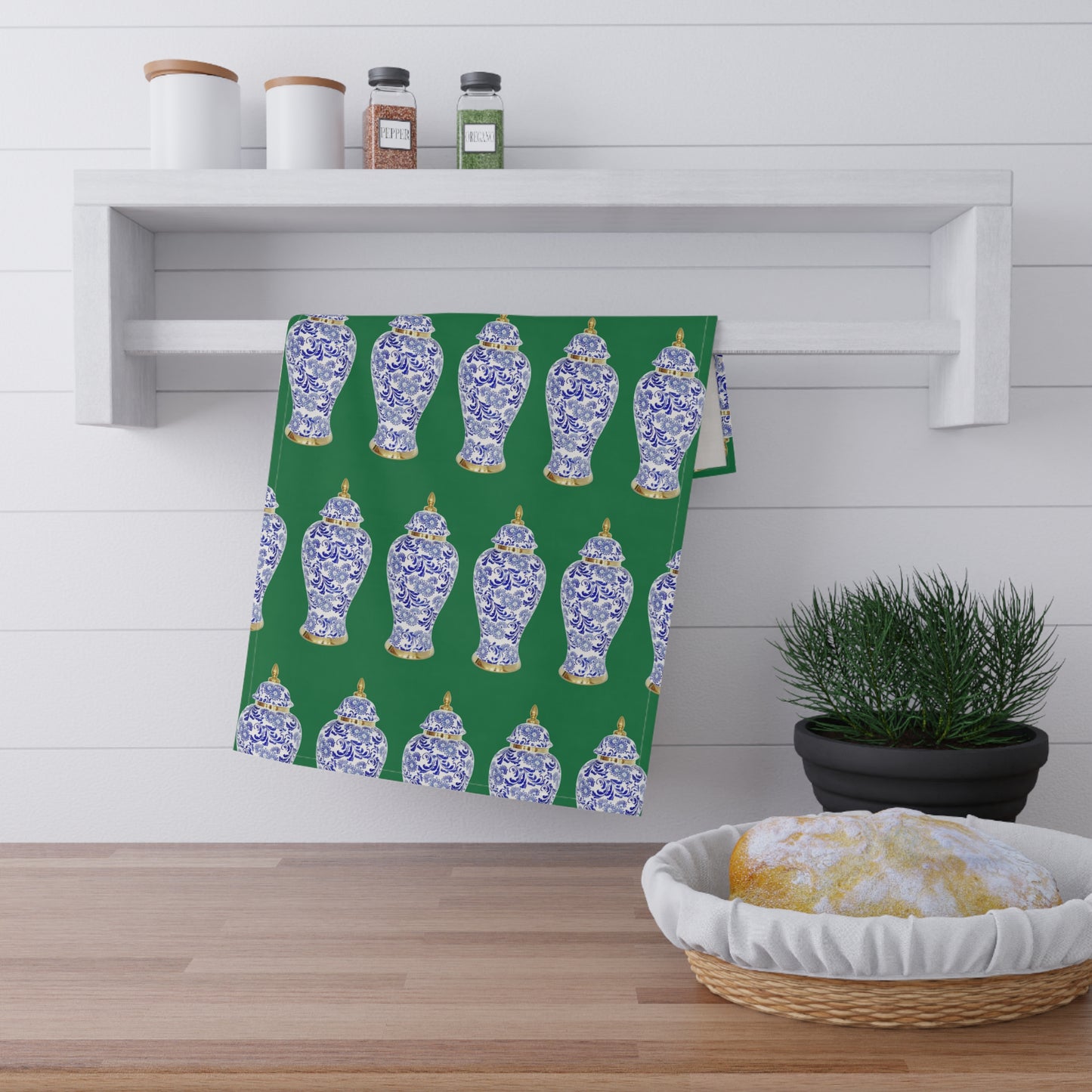 Tea Towels (cotton, poly), Blue and Gold Ginger Jar repeat dark green