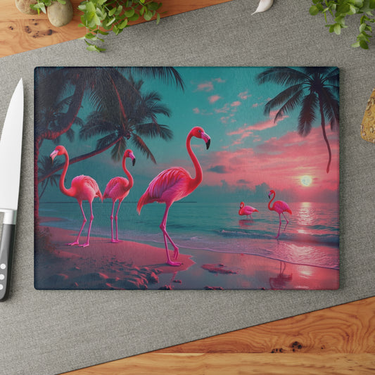 Glass Cutting Board, 2 sizes - Neon Flamingos at Night