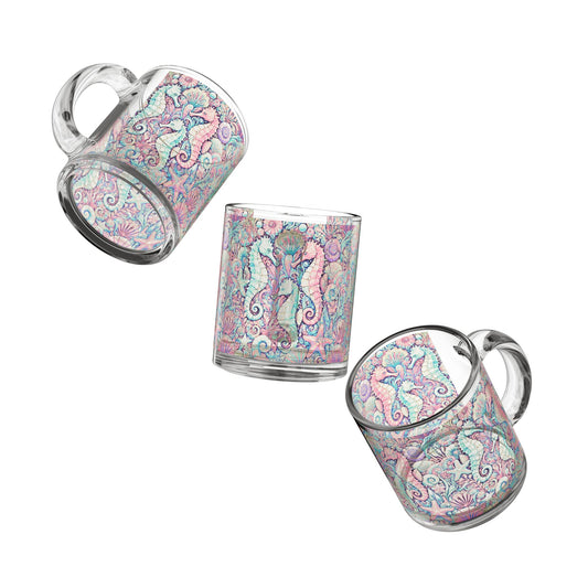 Tropical Glass Mug - 10oz Coffee Cup / Seahorses, Retro