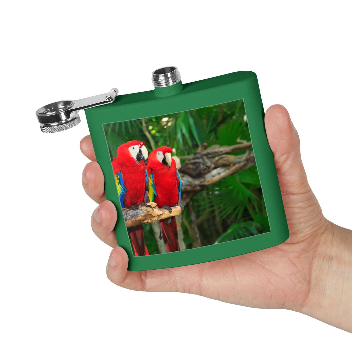 Tropical Stainless Steel 6 oz. Flask, Many Colors  – Two Red Parrots